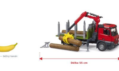 Přepravník dřeva MB Arocs - Bruder 03669 — skutečná velikost 55 × 18,5 × 28,5 cm, porovnání s banánem