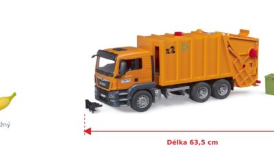 Popelářské auto MAN TGS - Bruder 03760 — skutečná velikost 63,5 × 18,5 × 25,5 cm, porovnání s banánem