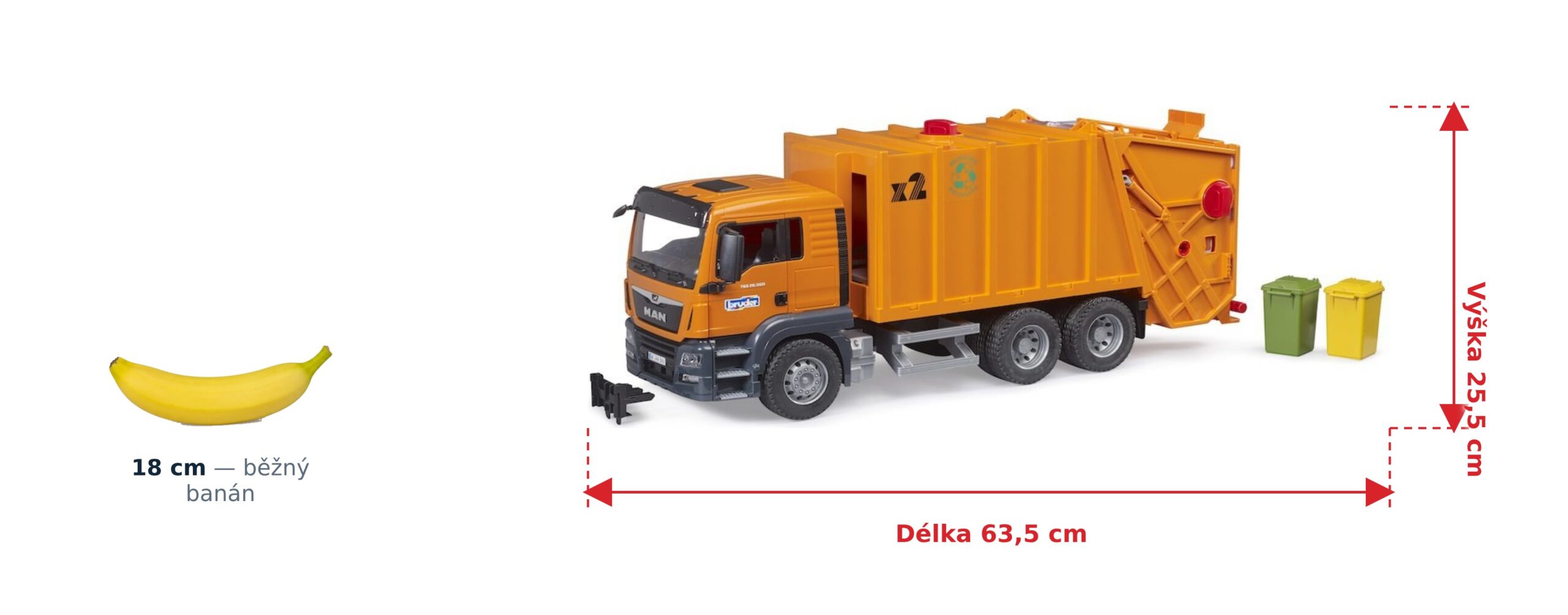 Popelářské auto MAN TGS - Bruder 03760 2 Popelářské auto MAN TGS - Bruder 03760 — skutečná velikost 63,5 × 18,5 × 25,5 cm, porovnání s banánem