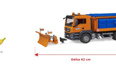 Silničáři MAN TGS - Bruder 03785 — skutečná velikost 62 × 21 × 23,2 cm, porovnání s banánem