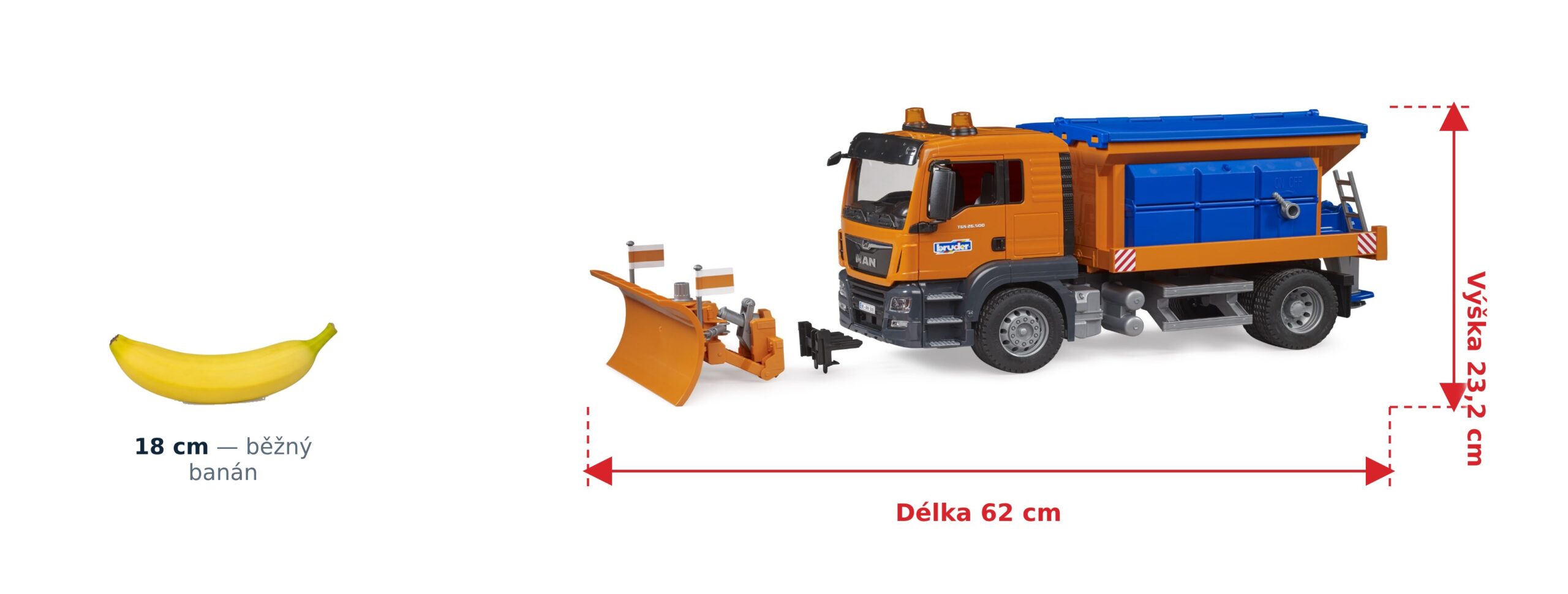Silničáři MAN TGS - Bruder 03785 2 Silničáři MAN TGS - Bruder 03785 — skutečná velikost 62 × 21 × 23,2 cm, porovnání s banánem