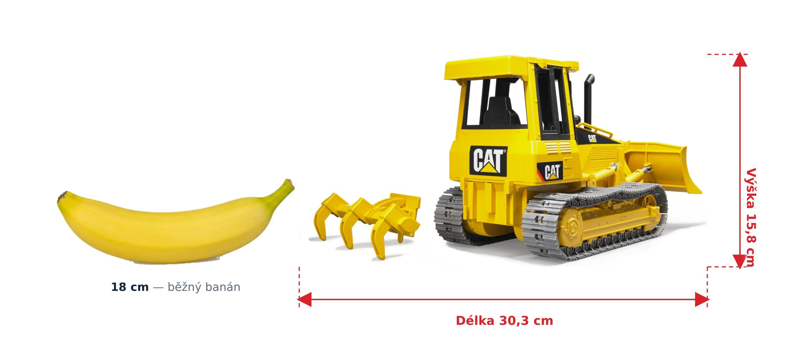 Malý buldozer CAT - Bruder 02443 2 Malý buldozer CAT - Bruder 02443 — skutečná velikost 30,3 × 14,6 × 15,8 cm, porovnání s banánem