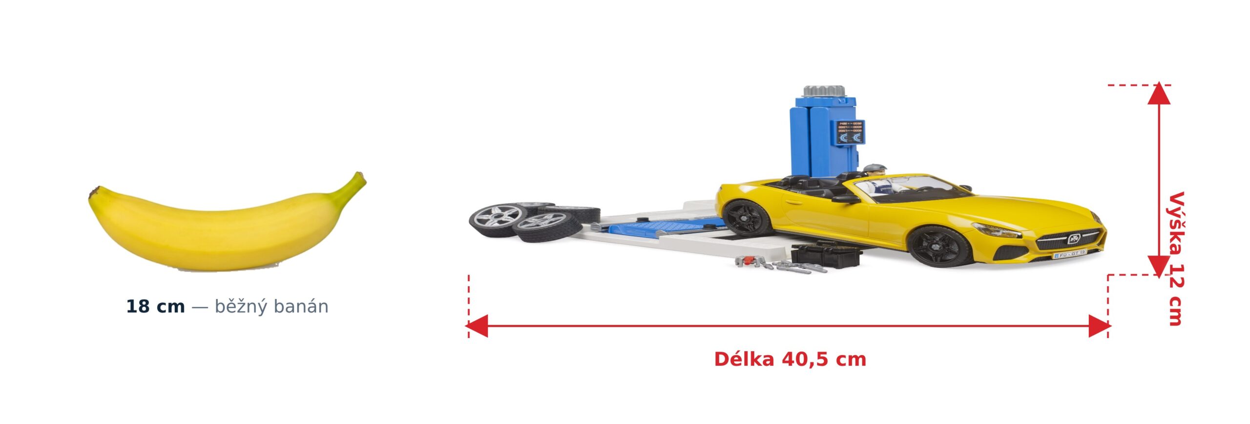 bworld autoservis s mechanikem a roadsterem - Bruder 62112 2 bworld autoservis s mechanikem a roadsterem - Bruder 62112 — skutečná velikost 40,5 × 14,5 × 12 cm, porovnání s banánem