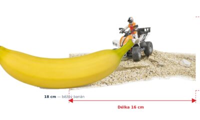 bworld Čtyřkolka s řidičem - Bruder 63000 — skutečná velikost 16 × 9,3 × 9,3 cm, porovnání s banánem
