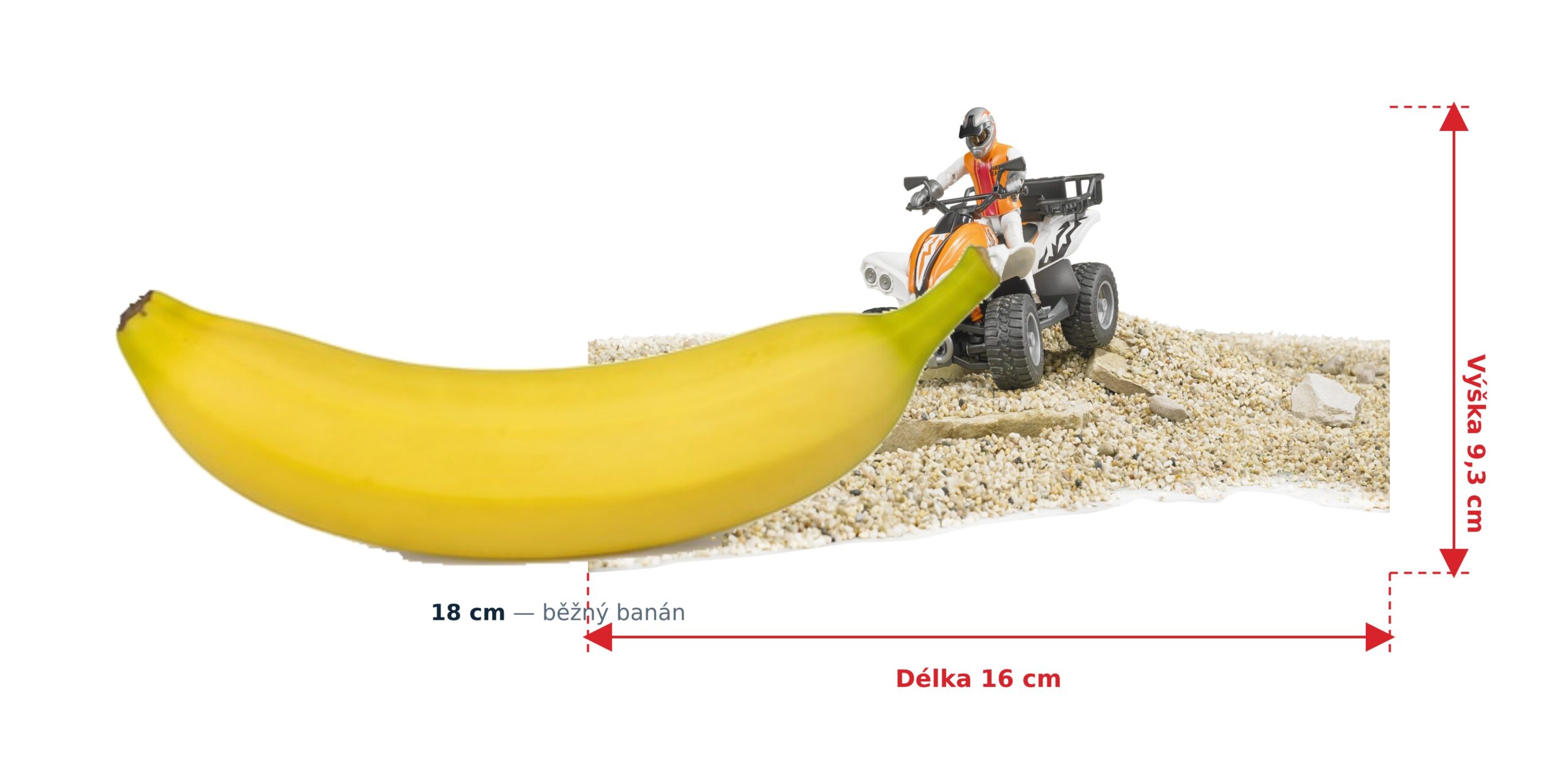 bworld Čtyřkolka s řidičem - Bruder 63000 2 bworld Čtyřkolka s řidičem - Bruder 63000 — skutečná velikost 16 × 9,3 × 9,3 cm, porovnání s banánem