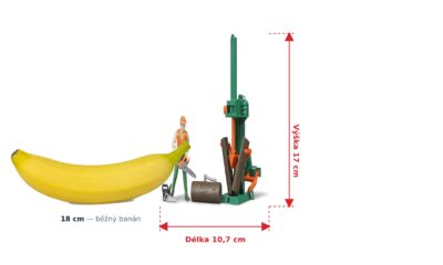 bworld Dřevařský set s figurkou - Bruder 62650 — skutečná velikost 10,7 × 8 × 17 cm, porovnání s banánem