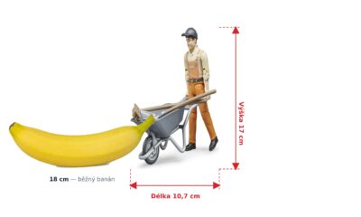 bworld komunální pracovník s kolečkem a nářadím - Bruder 62130 — skutečná velikost 10,7 × 8 × 17 cm, porovnání s banánem