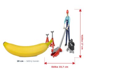 bworld Mechanik s nářadím - Bruder 62100 — skutečná velikost 10,7 × 8 × 17 cm, porovnání s banánem