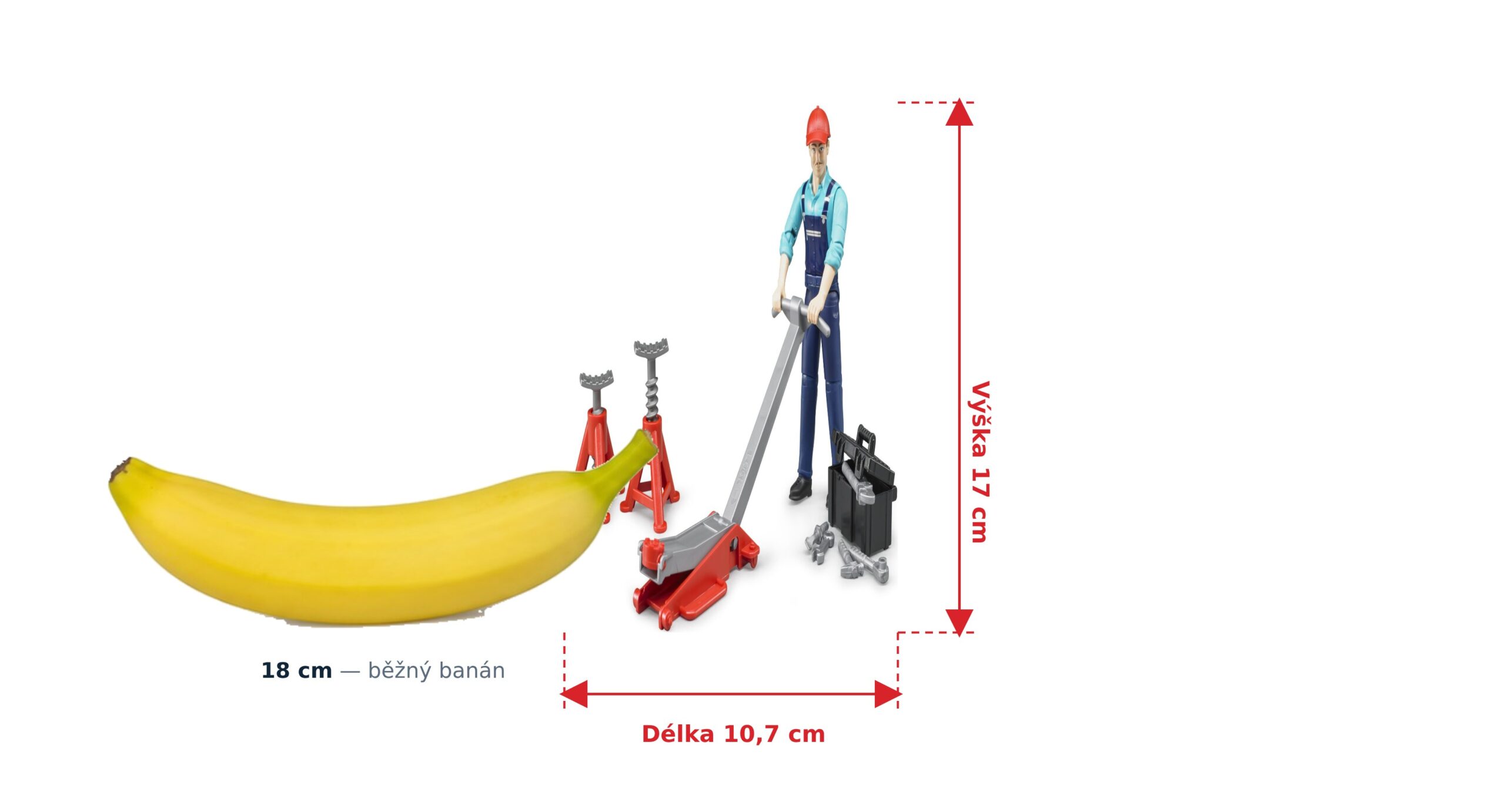 bworld Mechanik s nářadím - Bruder 62100 2 bworld Mechanik s nářadím - Bruder 62100 — skutečná velikost 10,7 × 8 × 17 cm, porovnání s banánem