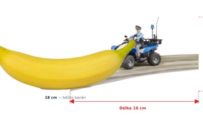 bworld Policejní čtyřkolka s policistou - Bruder 63010 — skutečná velikost 16 × 9,3 × 9,3 cm, porovnání s banánem