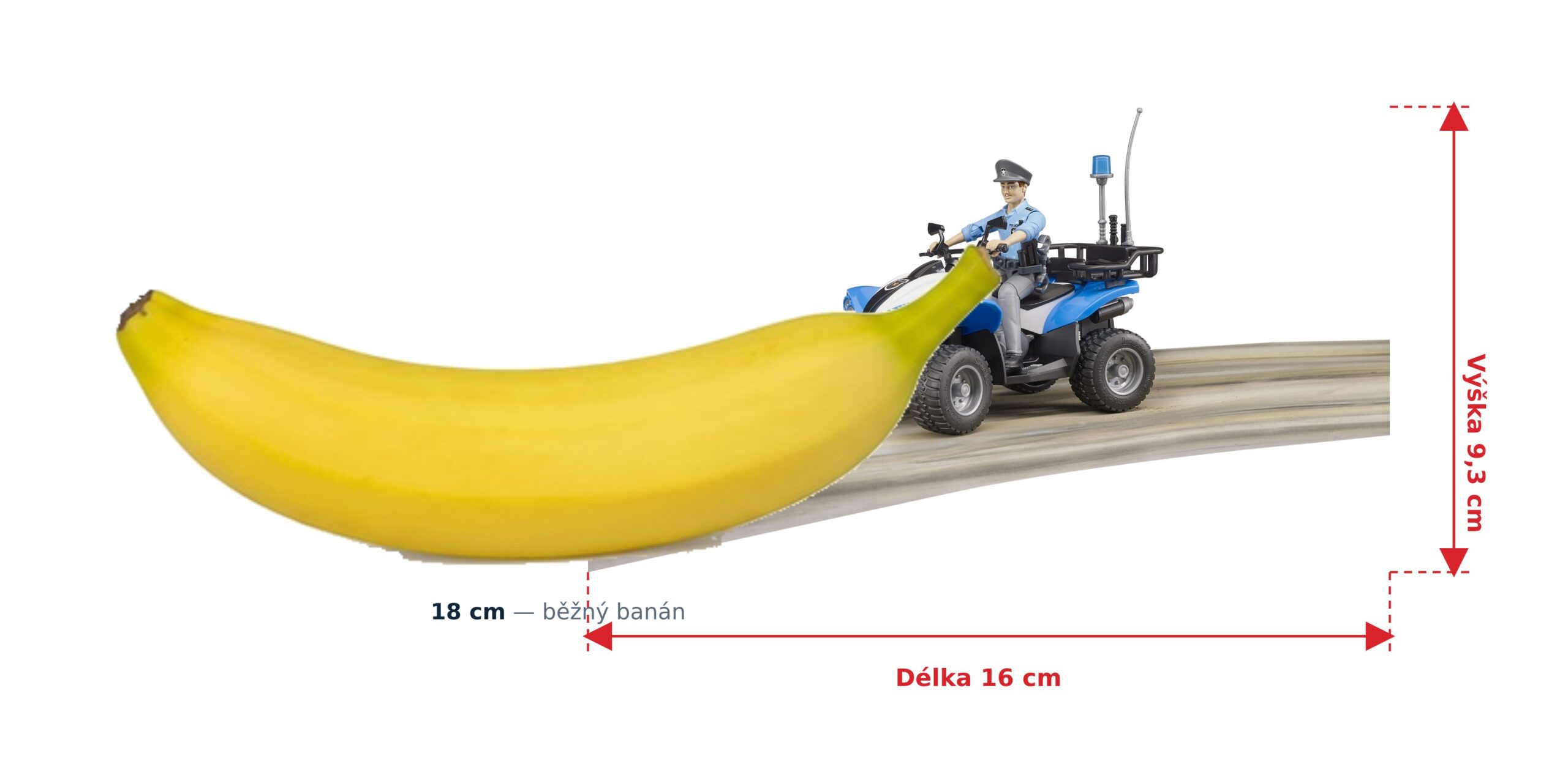 bworld Policejní čtyřkolka s policistou - Bruder 63010 2 bworld Policejní čtyřkolka s policistou - Bruder 63010 — skutečná velikost 16 × 9,3 × 9,3 cm, porovnání s banánem