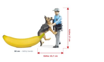 bworld Policista se psem - Bruder 62150 — skutečná velikost 10,7 × 8 × 17 cm, porovnání s banánem
