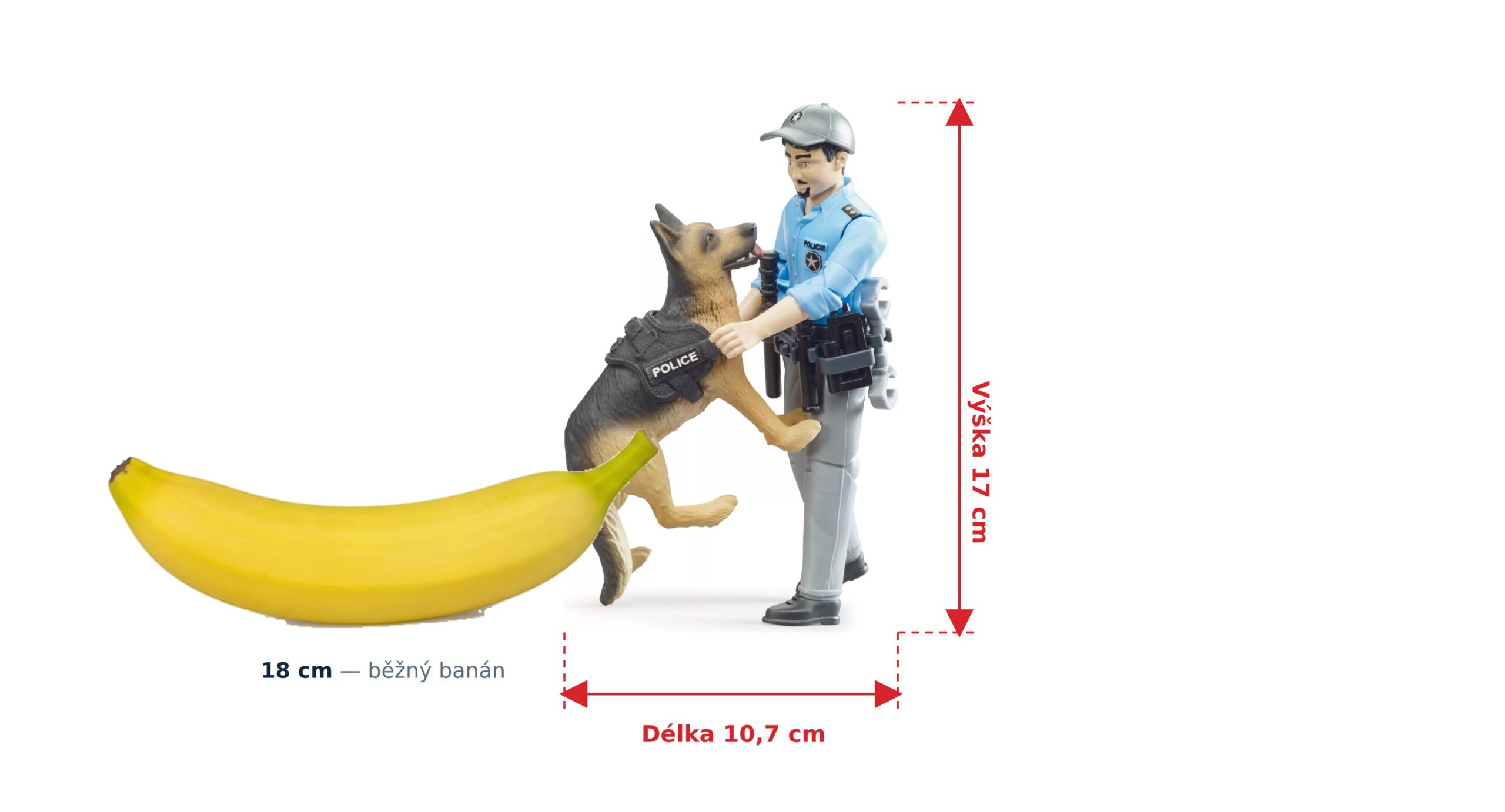 bworld Policista se psem - Bruder 62150 2 bworld Policista se psem - Bruder 62150 — skutečná velikost 10,7 × 8 × 17 cm, porovnání s banánem