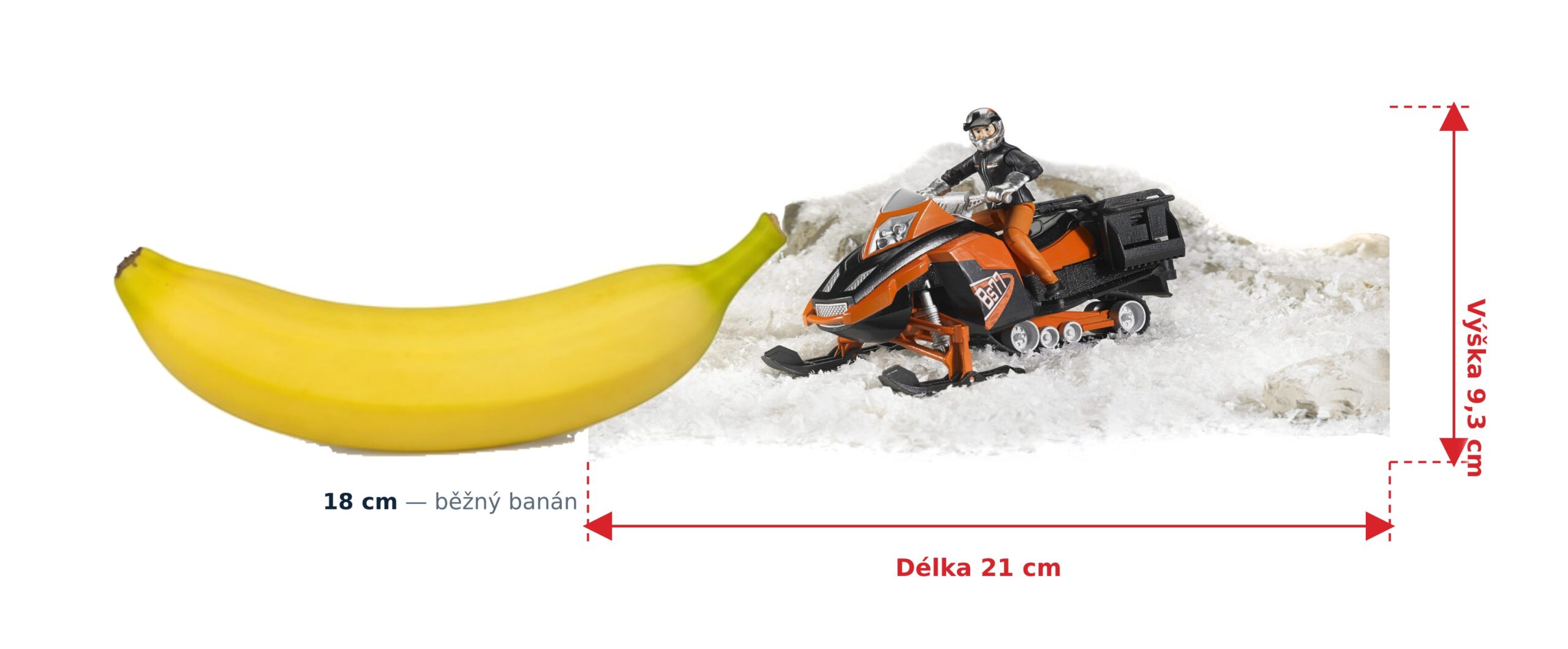 bworld Sněžný skútr s řidičem - Bruder 63101 2 bworld Sněžný skútr s řidičem - Bruder 63101 — skutečná velikost 21 × 9,3 × 9,3 cm, porovnání s banánem