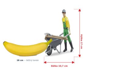 bworld zemědělec s kolečkem a nářadím - Bruder 62610 — skutečná velikost 10,7 × 8 × 17 cm, porovnání s banánem