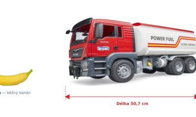 Cisterna MAN TGS - Bruder 03775 — skutečná velikost 50,7 × 18,4 × 26,3 cm, porovnání s banánem