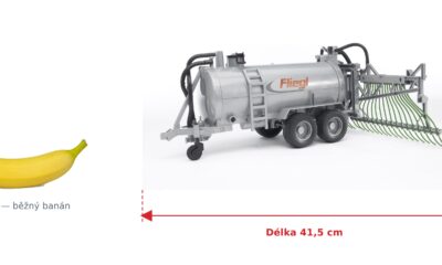 Cisterna s postřikovačem Fliegl- Bruder 02020 — skutečná velikost 41,5 × 48,4 × 19 cm, porovnání s banánem