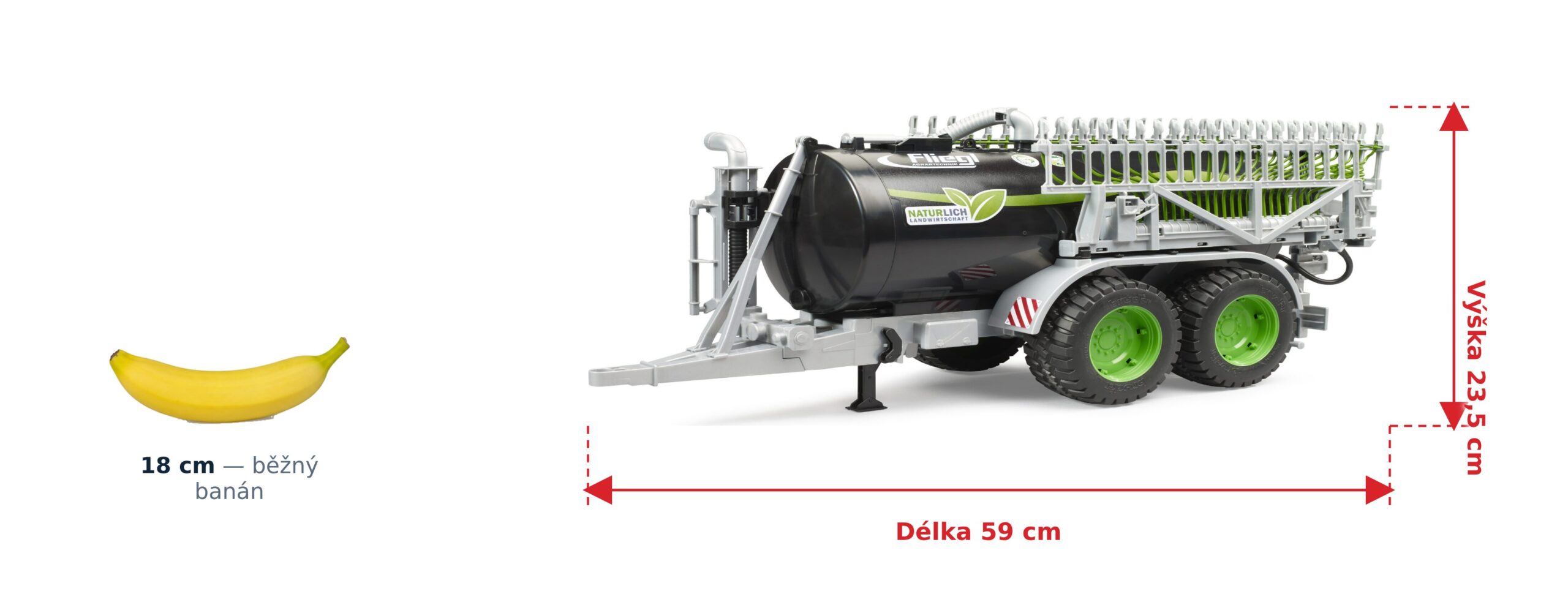 Cisterna s postřikovačem Fliegl Jumbo Line Plus - Bruder 02036 2 Cisterna s postřikovačem Fliegl Jumbo Line Plus - Bruder 02036 — skutečná velikost 59 × 75 × 23,5 cm, porovnání s banánem