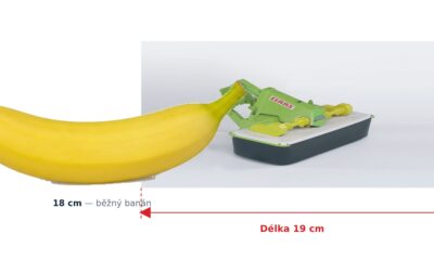 Žací lišta Claas - Bruder 02324 — skutečná velikost 19 × 15,5 × 9 cm, porovnání s banánem