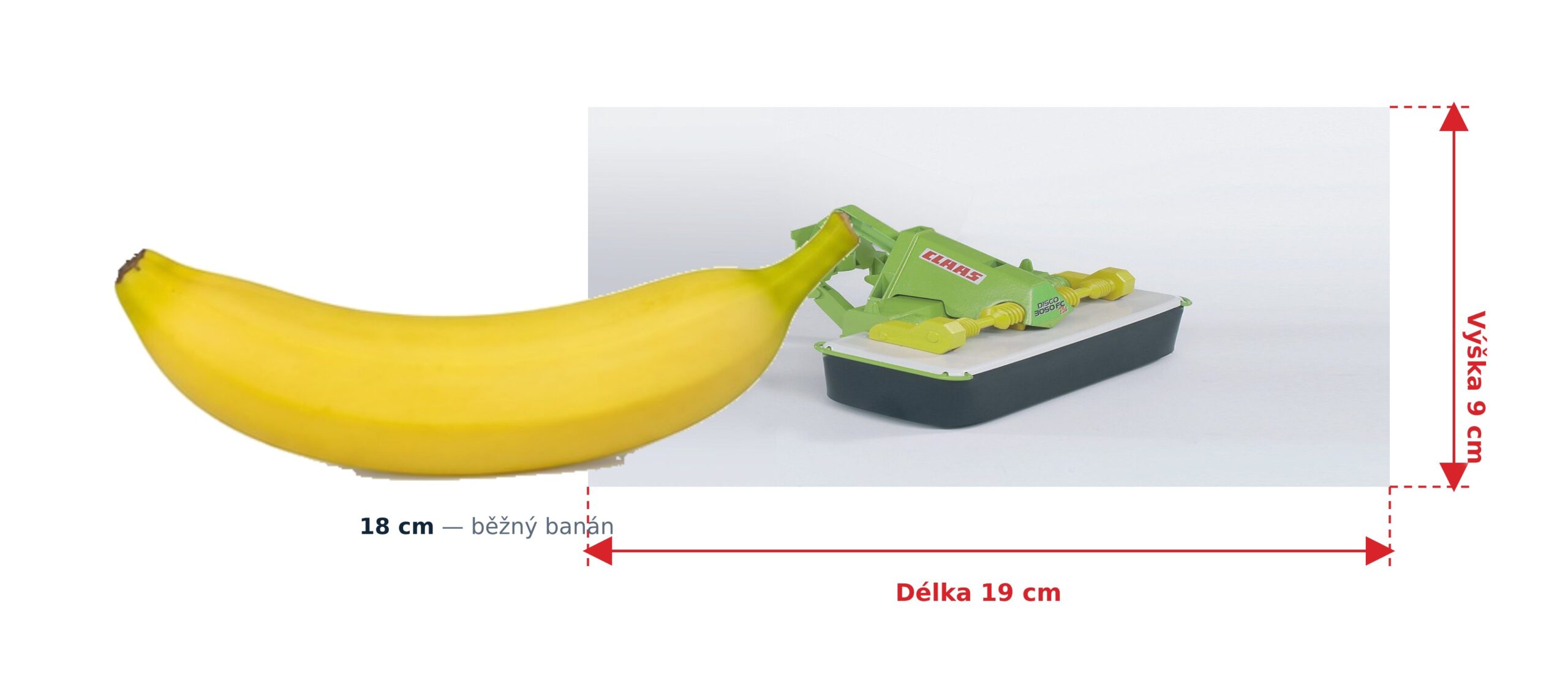 Žací lišta Claas - Bruder 02324 2 Žací lišta Claas - Bruder 02324 — skutečná velikost 19 × 15,5 × 9 cm, porovnání s banánem