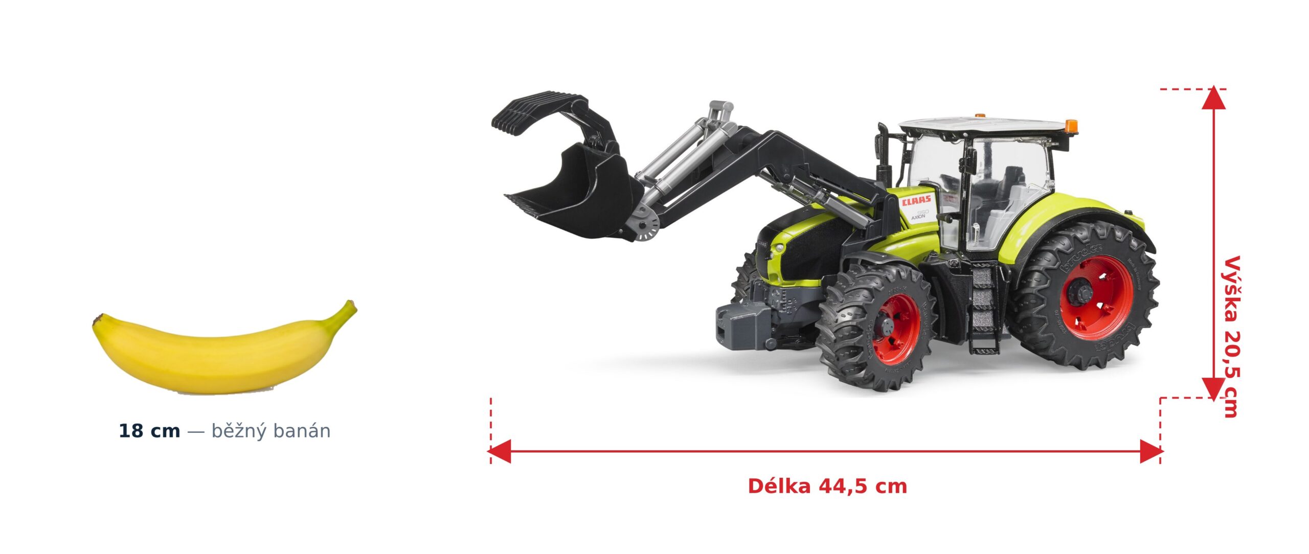 Traktor Claas Axion 950 s čelním nakladačem - Bruder 03013 2 Traktor Claas Axion 950 s čelním nakladačem - Bruder 03013 — skutečná velikost 44,5 × 18 × 20,5 cm, porovnání s banánem