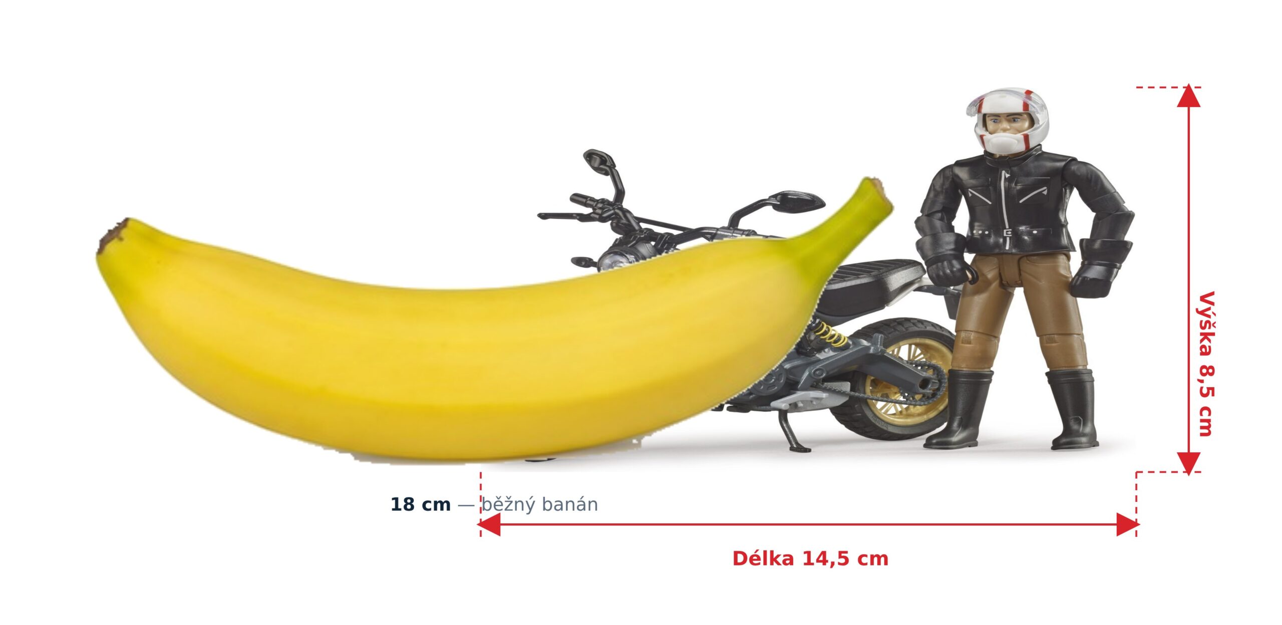 motorka Ducati Scrambler Desert Sled s řidičem - Bruder 63051 2 motorka Ducati Scrambler Desert Sled s řidičem - Bruder 63051 — skutečná velikost 14,5 × 6,5 × 8,5 cm, porovnání s banánem