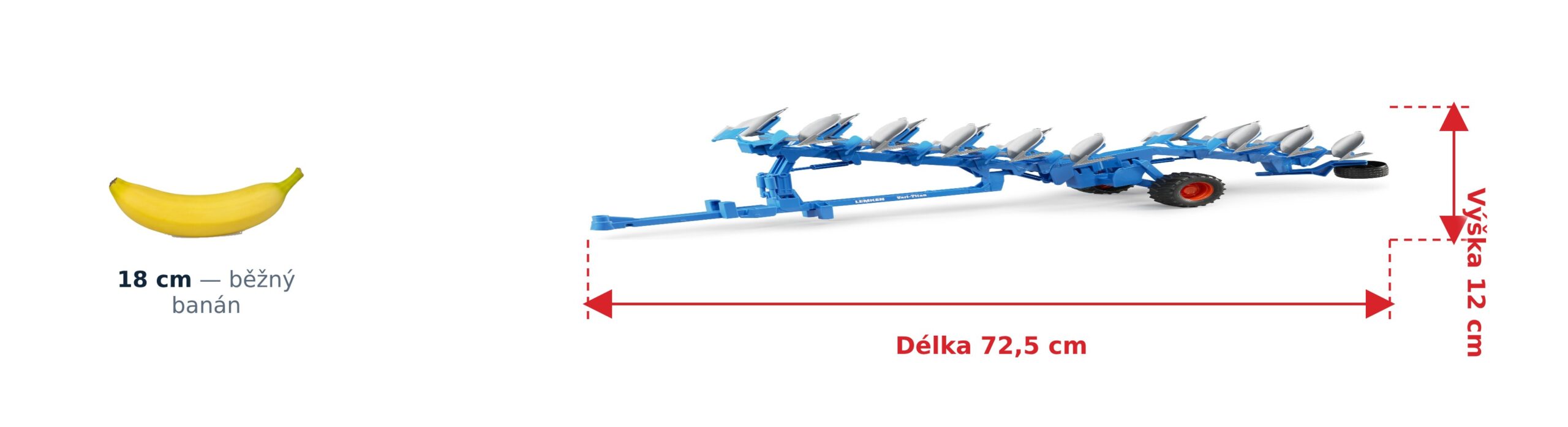 Dvojpluh Lemken Vari-titan - Bruder 02250 2 Dvojpluh Lemken Vari-titan - Bruder 02250 — skutečná velikost 72,5 × 15 × 12 cm, porovnání s banánem