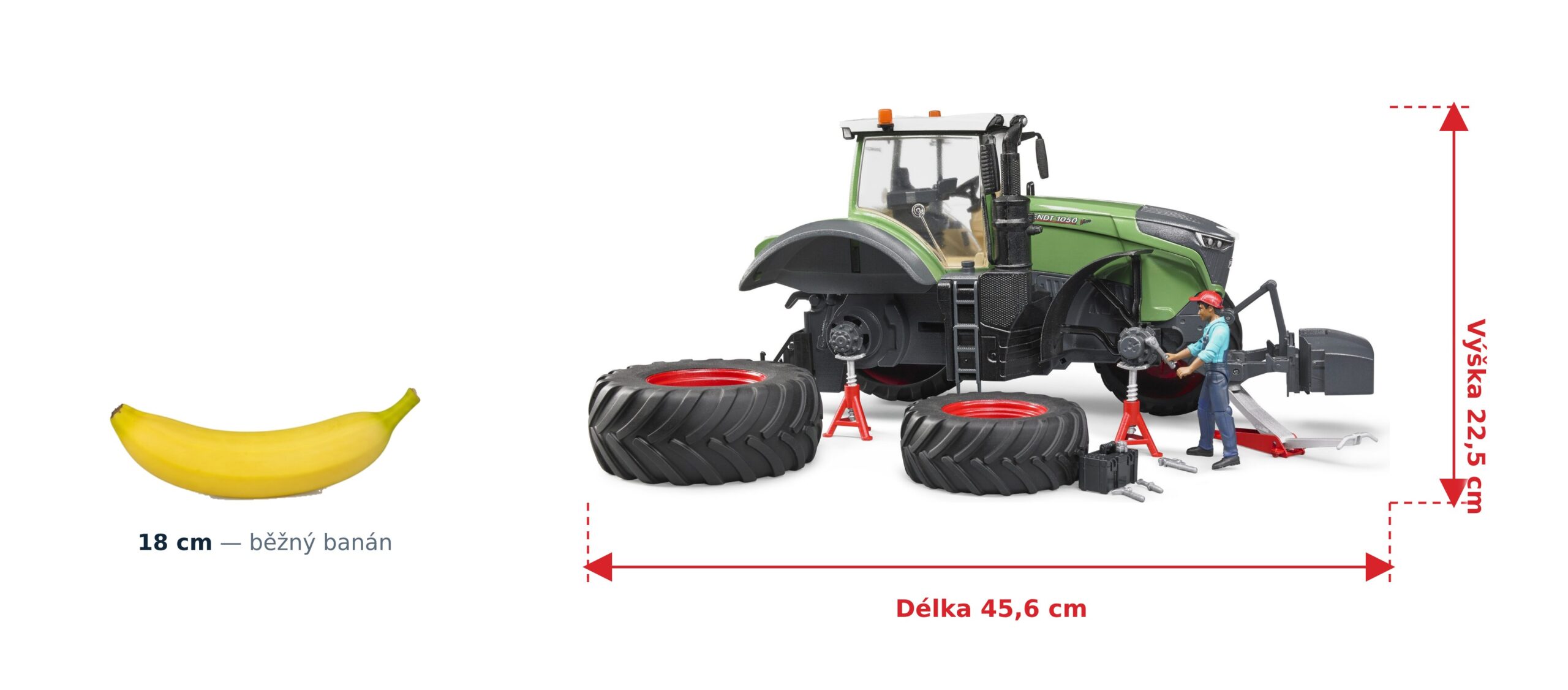 Fendt Vario 1050 s mechanikem a vybavením - Bruder 04041 2 Fendt Vario 1050 s mechanikem a vybavením - Bruder 04041 — skutečná velikost 45,6 × 19,8 × 22,5 cm, porovnání s banánem