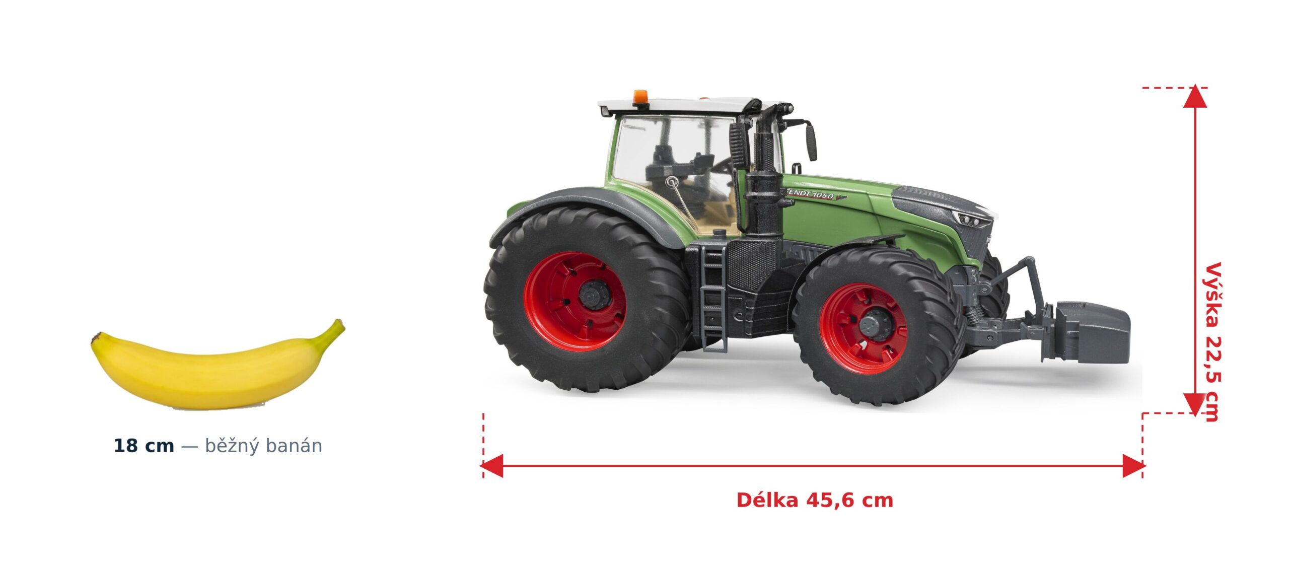 Traktor Fendt Vario 1050 - Bruder 04040 2 Traktor Fendt Vario 1050 - Bruder 04040 — skutečná velikost 45,6 × 19,8 × 22,5 cm, porovnání s banánem