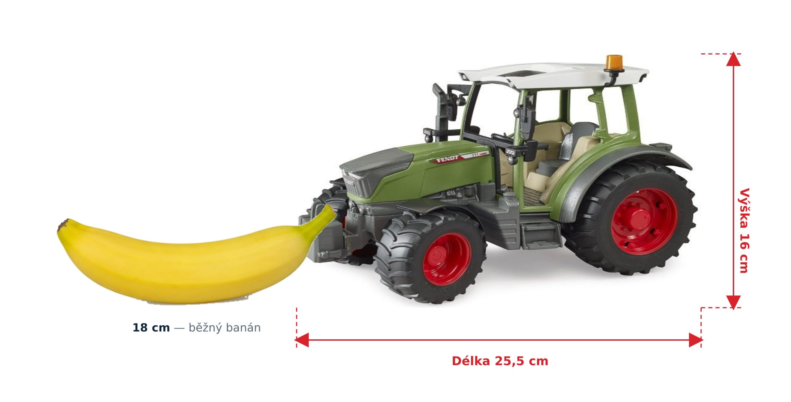 Fendt Vario 211 - Bruder 02180 2 Fendt Vario 211 - Bruder 02180 — skutečná velikost 25,5 × 13 × 16 cm, porovnání s banánem