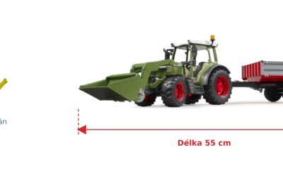 Fendt Vario 211 s nakladačem a sklápěčem - Bruder 02182 — skutečná velikost 55 × 13 × 16 cm, porovnání s banánem