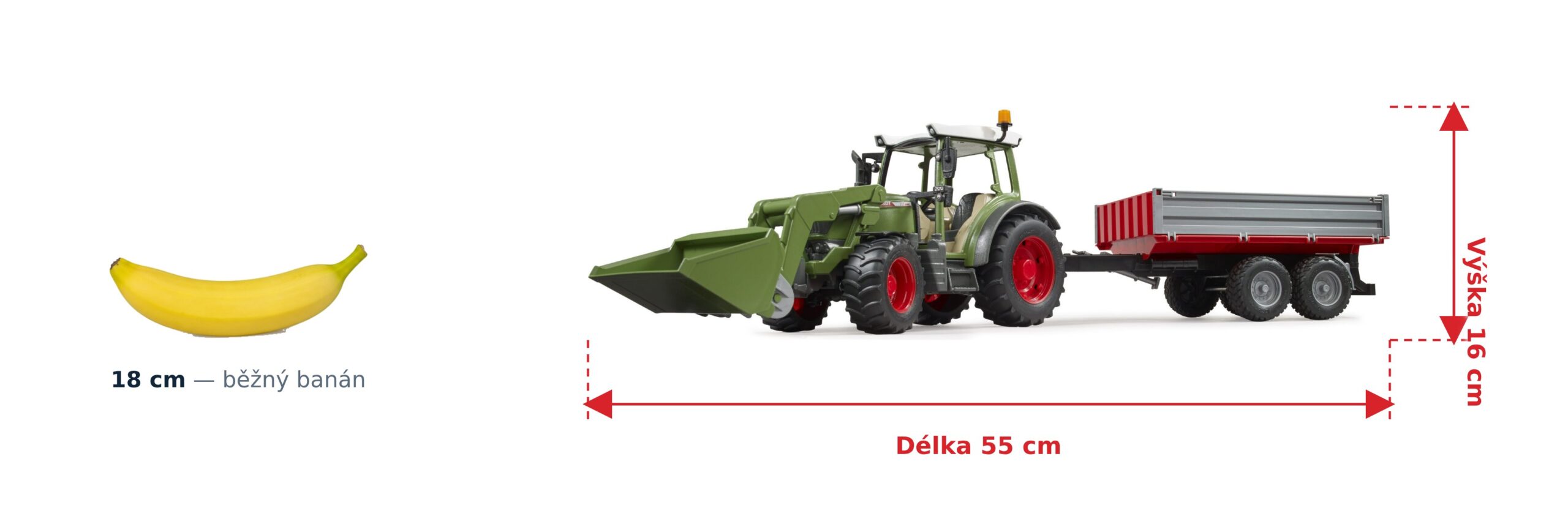 Fendt Vario 211 s nakladačem a sklápěčem - Bruder 02182 2 Fendt Vario 211 s nakladačem a sklápěčem - Bruder 02182 — skutečná velikost 55 × 13 × 16 cm, porovnání s banánem