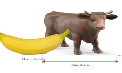 Figurka býka - Bruder 02309 — skutečná velikost 18,5 × 4,5 × 11,2 cm, porovnání s banánem