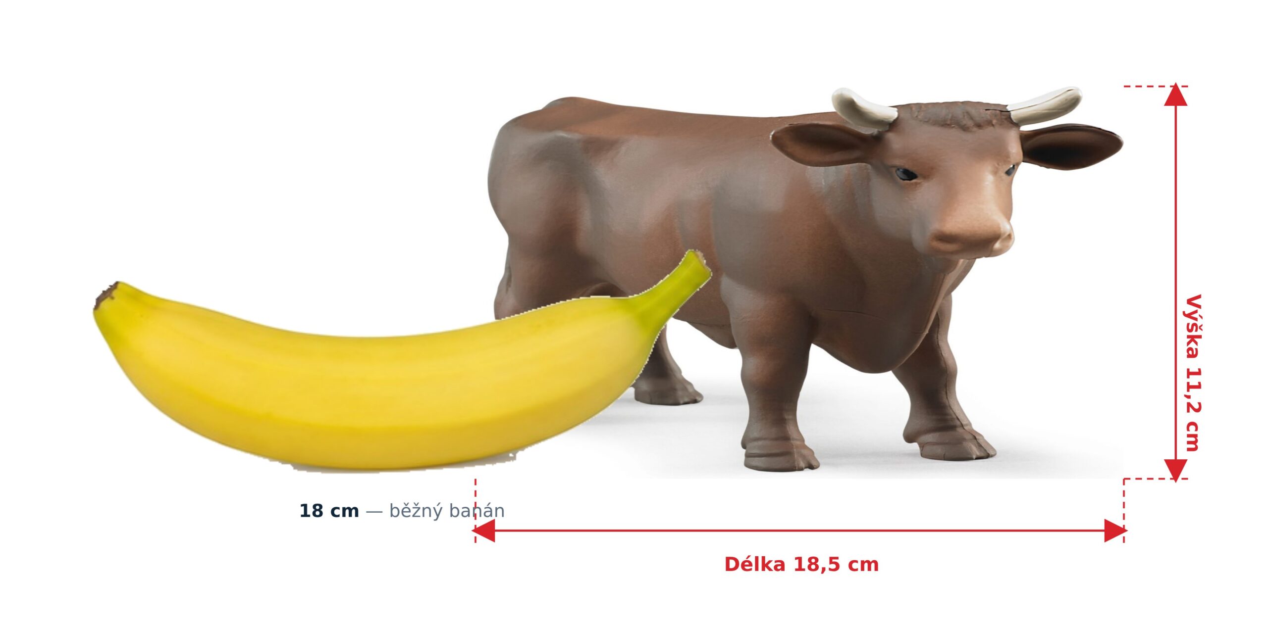 Figurka býka - Bruder 02309 2 Figurka býka - Bruder 02309 — skutečná velikost 18,5 × 4,5 × 11,2 cm, porovnání s banánem