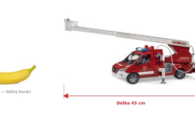 Hasičské auto MB Sprinter - Bruder 02673 — skutečná velikost 45 × 17,2 × 21,8 cm, porovnání s banánem