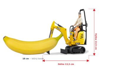 Minibagr JCB s řidičem - Bruder 62002 — skutečná velikost 13,5 × 6,3 × 13,5 cm, porovnání s banánem