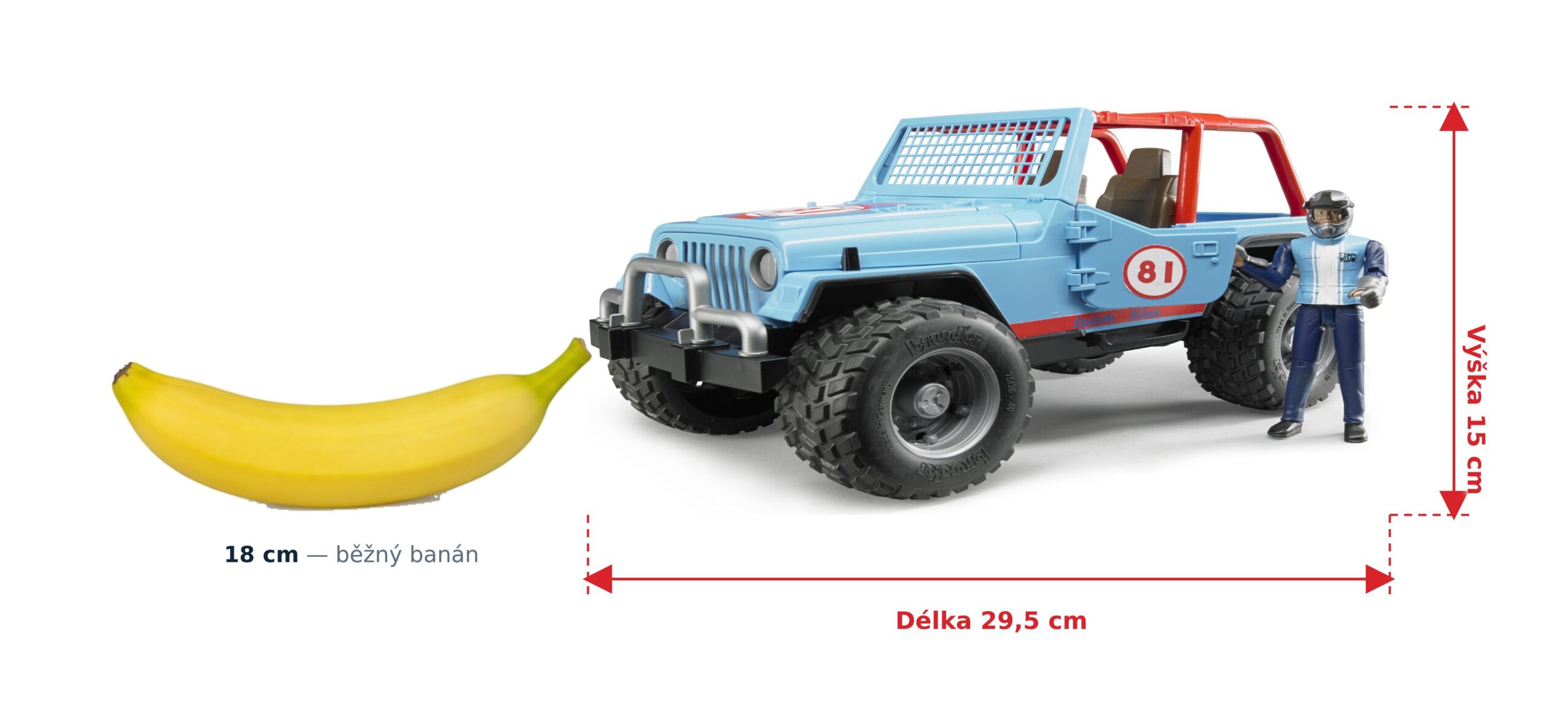 Závodní cross country Jeep s řidičem - Bruder 02541 2 Závodní cross country Jeep s řidičem - Bruder 02541 — skutečná velikost 29,5 × 15 × 15 cm, porovnání s banánem