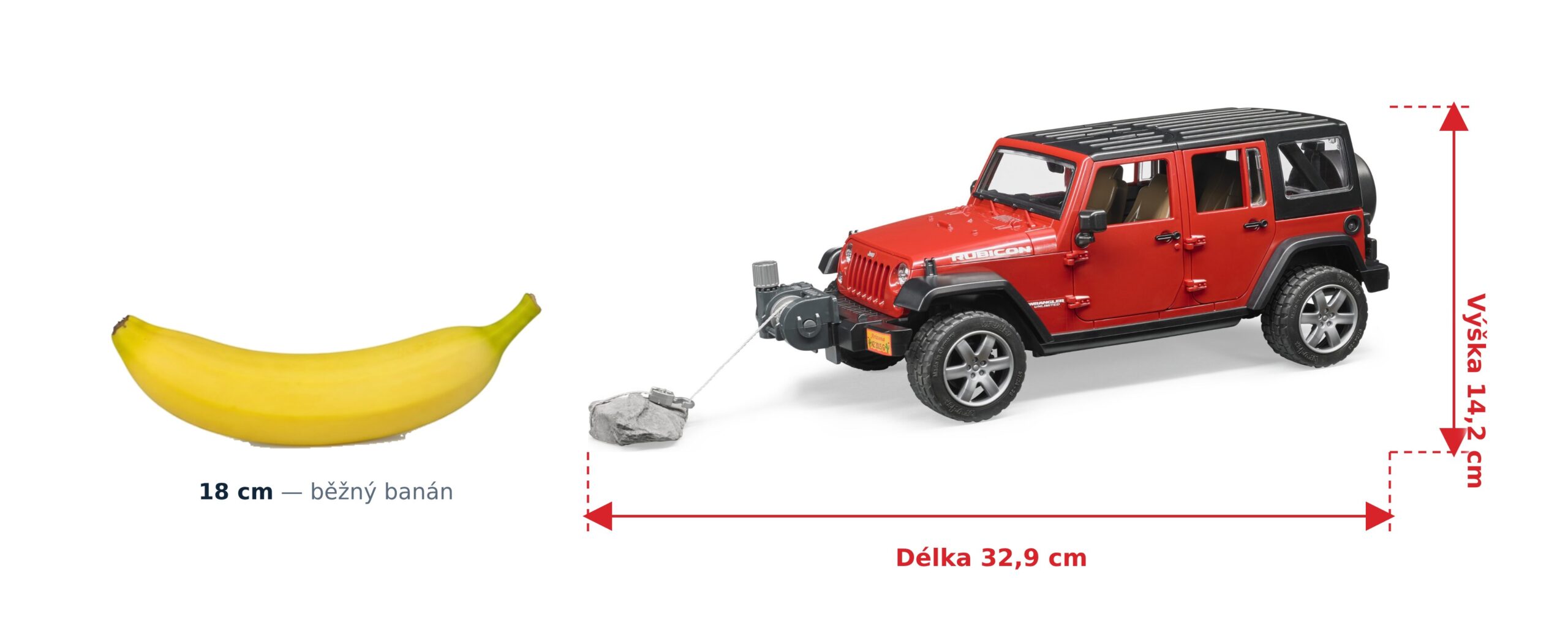 Jeep Wrangler - Bruder 02525 2 Jeep Wrangler - Bruder 02525 — skutečná velikost 32,9 × 14,4 × 14,2 cm, porovnání s banánem