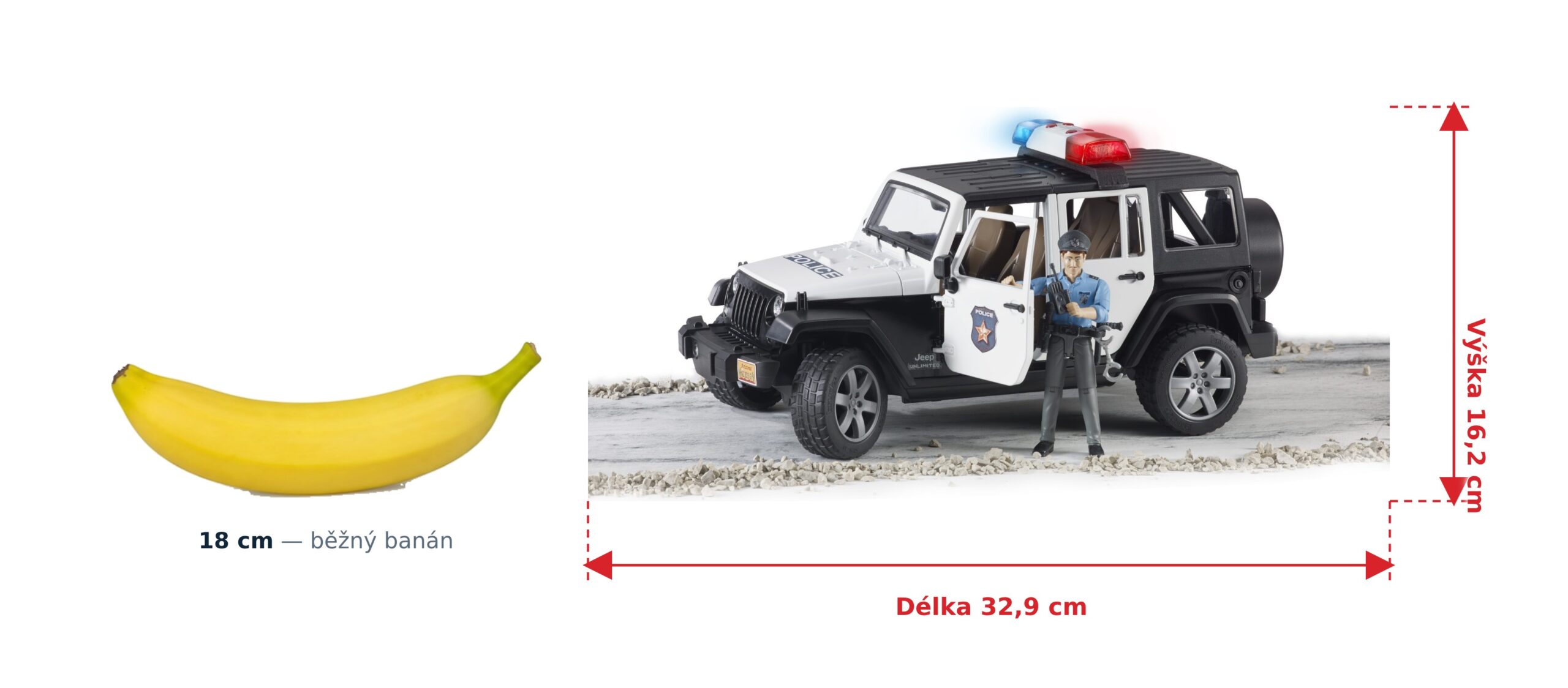 Policejní Jeep Wrangler s policistou - Bruder 02526 2 Policejní Jeep Wrangler s policistou - Bruder 02526 — skutečná velikost 32,9 × 14,4 × 16,2 cm, porovnání s banánem
