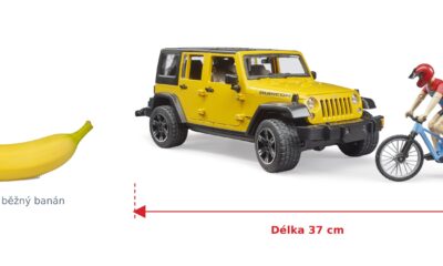 Jeep Wrangler s horským kolem a cyklistou - Bruder 02543 — skutečná velikost 37 × 14,4 × 14,2 cm, porovnání s banánem