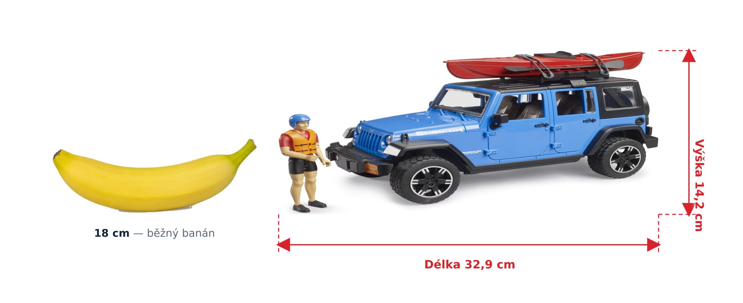Jeep Wrangler Rubicon s kajakem a figurkou - Bruder 02529 2 Jeep Wrangler Rubicon s kajakem a figurkou - Bruder 02529 — skutečná velikost 32,9 × 14,4 × 14,2 cm, porovnání s banánem