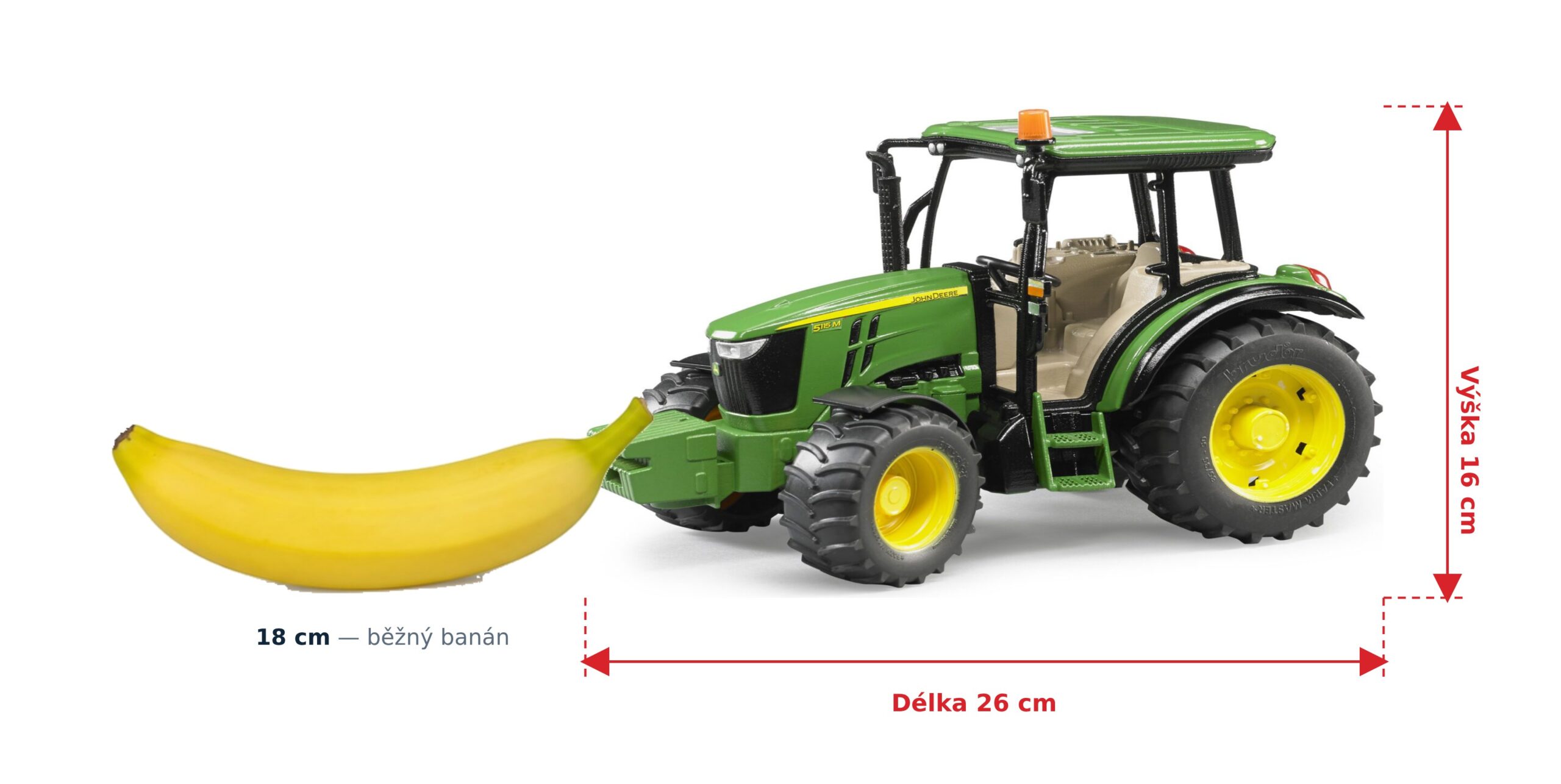 John Deere 5115 M - Bruder 02106 2 John Deere 5115 M - Bruder 02106 — skutečná velikost 26 × 12,7 × 16 cm, porovnání s banánem