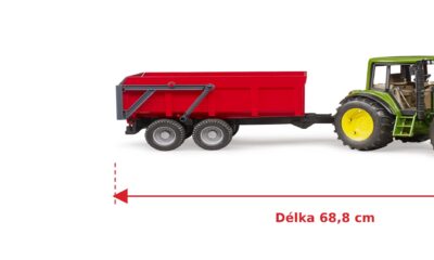 John Deere 6920 se sklápěčkou - Bruder 02057 — skutečná velikost 68,8 × 17 × 17,7 cm, porovnání s banánem