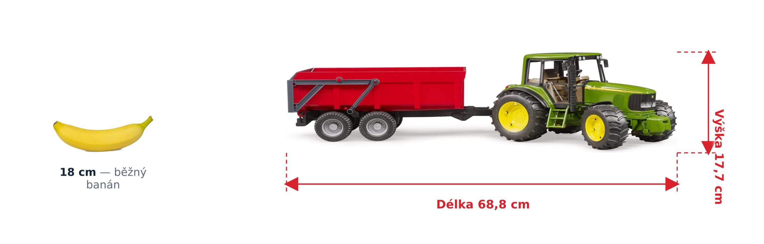 John Deere 6920 se sklápěčkou - Bruder 02057 2 John Deere 6920 se sklápěčkou - Bruder 02057 — skutečná velikost 68,8 × 17 × 17,7 cm, porovnání s banánem