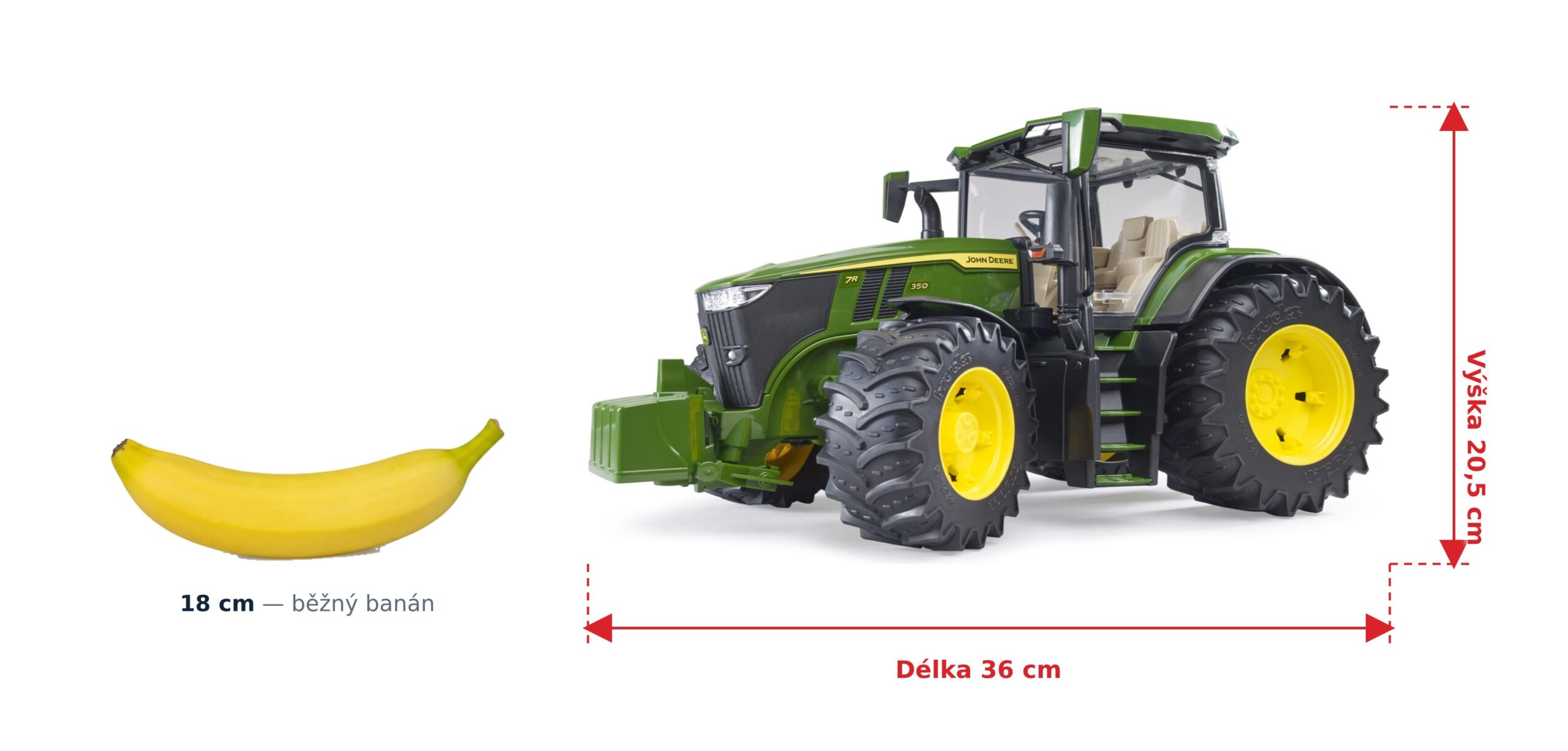 Traktor John Deere 7R 350 - Bruder 03150 2 Traktor John Deere 7R 350 - Bruder 03150 — skutečná velikost 36 × 17,5 × 20,5 cm, porovnání s banánem