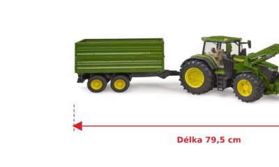 John Deere 7R 350 s předním nakladačem a sklápěčem - Bruder 03155 — skutečná velikost 79,5 × 17,5 × 20,5 cm, porovnání s banánem