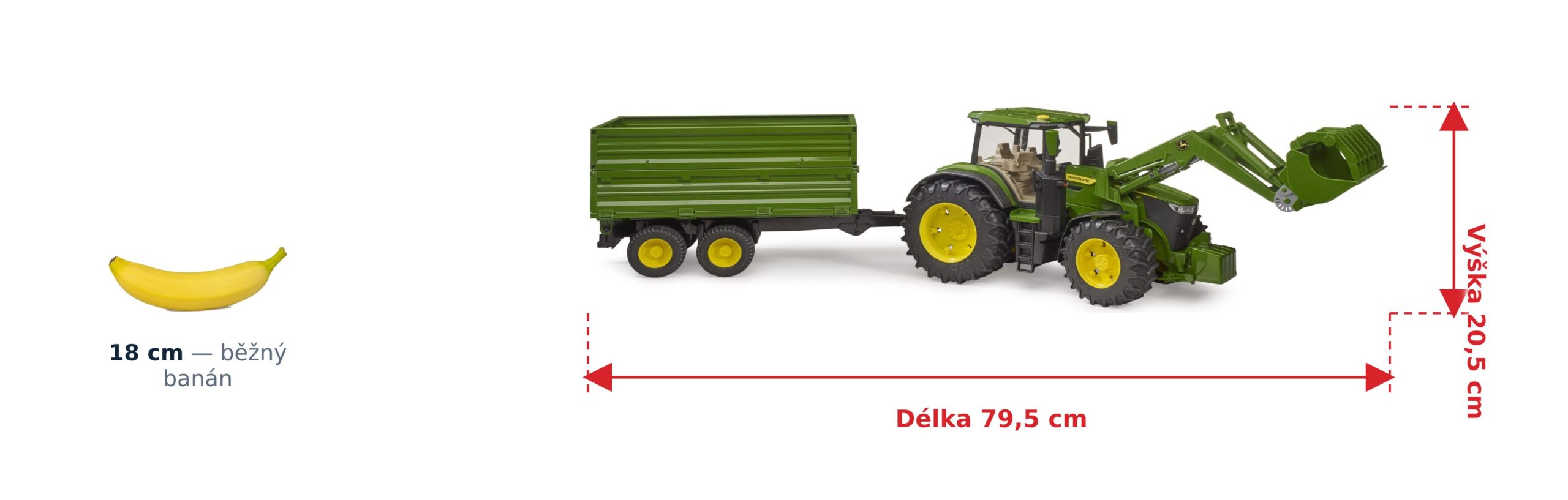 John Deere 7R 350 s předním nakladačem a sklápěčem - Bruder 03155 2 John Deere 7R 350 s předním nakladačem a sklápěčem - Bruder 03155 — skutečná velikost 79,5 × 17,5 × 20,5 cm, porovnání s banánem