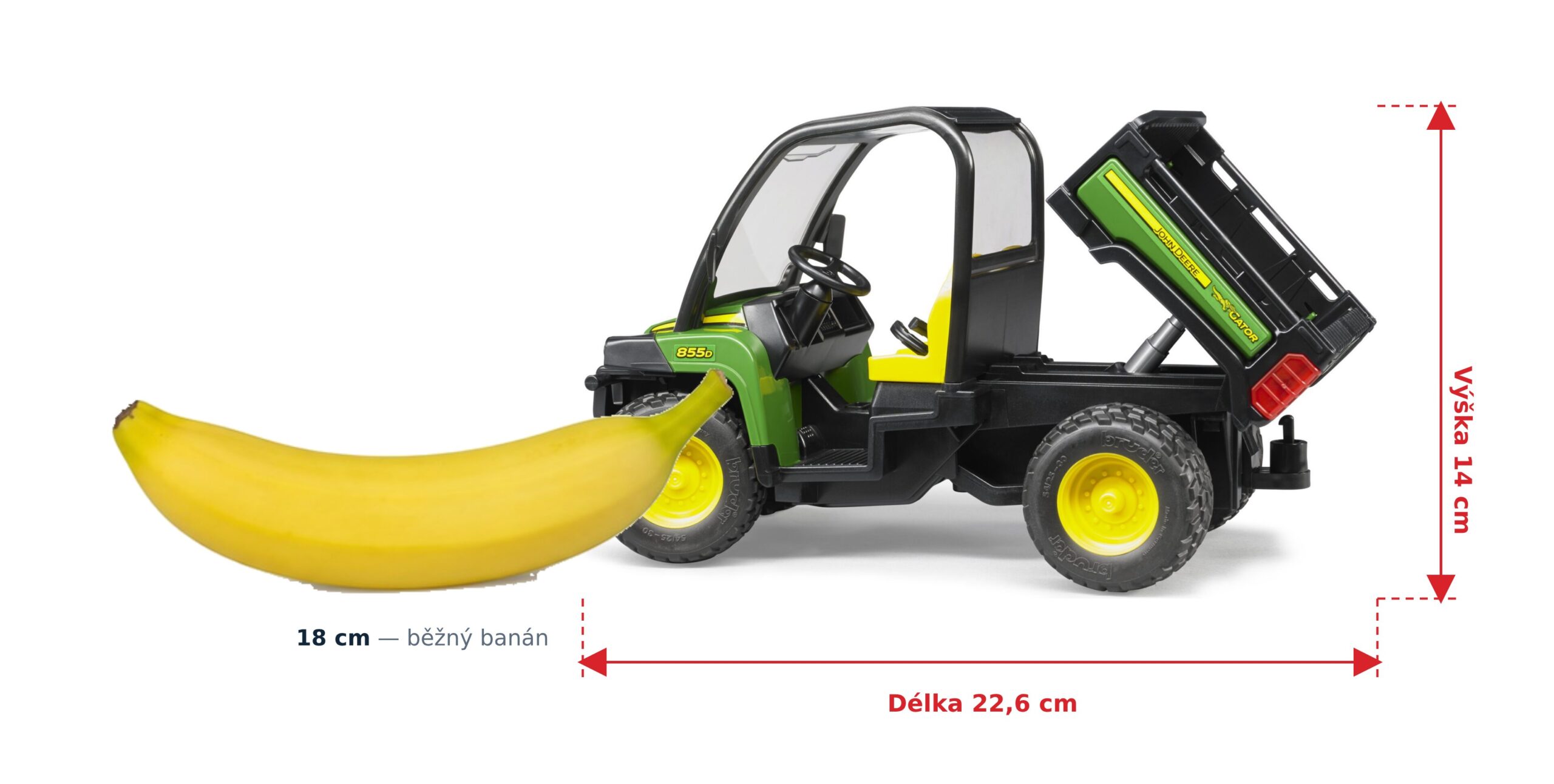 John Deere Gator 855D - Bruder 02491 2 John Deere Gator 855D - Bruder 02491 — skutečná velikost 22,6 × 11,3 × 14 cm, porovnání s banánem