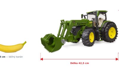 John Deere 7R 350 s předním nakladačem - Bruder 03151 — skutečná velikost 42,5 × 17,5 × 23,5 cm, porovnání s banánem