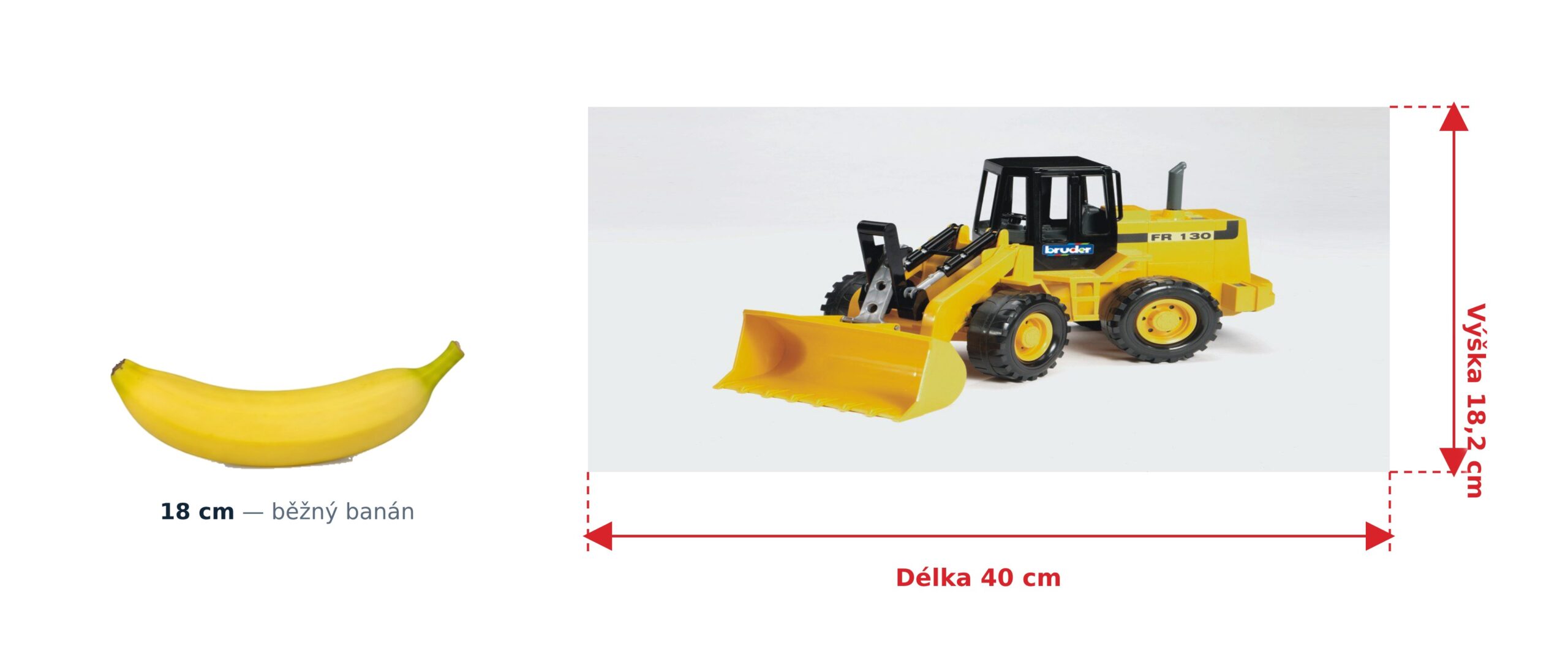 Kolový nakladač FIAT FR 130 - Bruder 02425 2 Kolový nakladač FIAT FR 130 - Bruder 02425 — skutečná velikost 40 × 15,3 × 18,2 cm, porovnání s banánem
